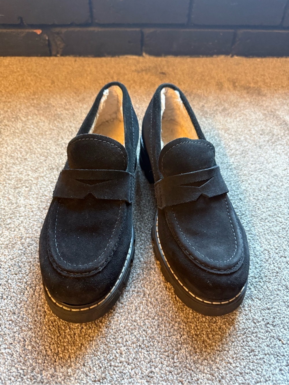 La CANADIENNE Black Suede Shearling Lined Penny Loafers - Women's Slip-On Flats